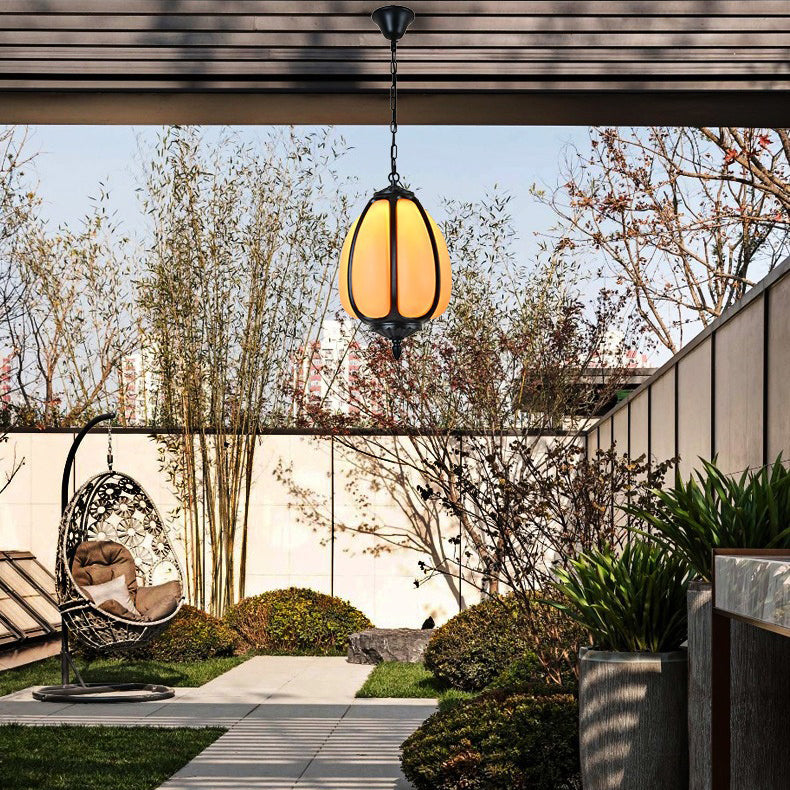 Traditional Chinese Waterproof Aluminum PC Dolomite Elliptical Pumpkin 1-Light Pendant Light For Ourdoor Patio | Stornfield