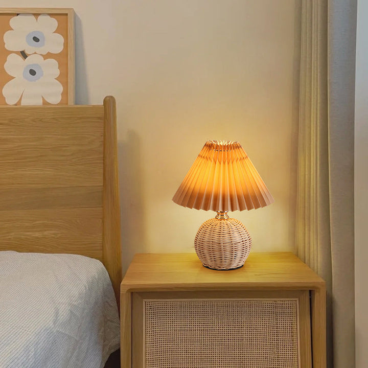 Stornfield | RattaLume Nordic LED Table Lamp | Woven Rattan and Foldable Fabric Lampshade | Ambient Light | Bedroom Decor