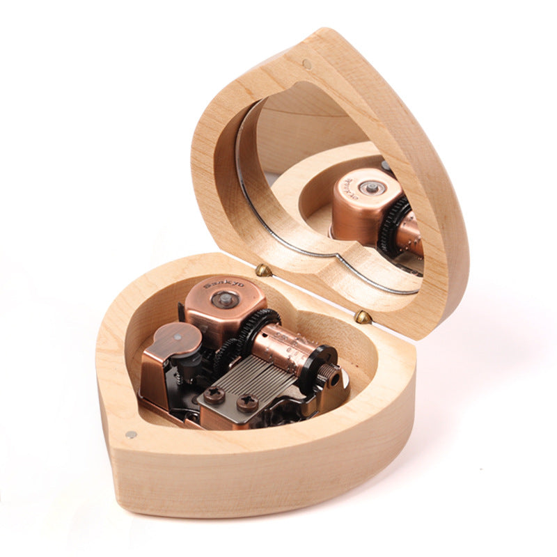 Wooden music box in heart shape with mirror