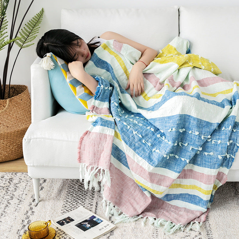 Light striped cotton throw blanket with fringes and textured knot appliqué Stornfield