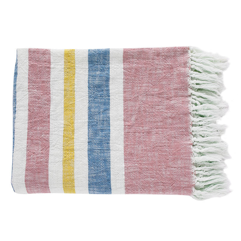 Light striped cotton throw blanket with fringes and textured knot appliqué Stornfield