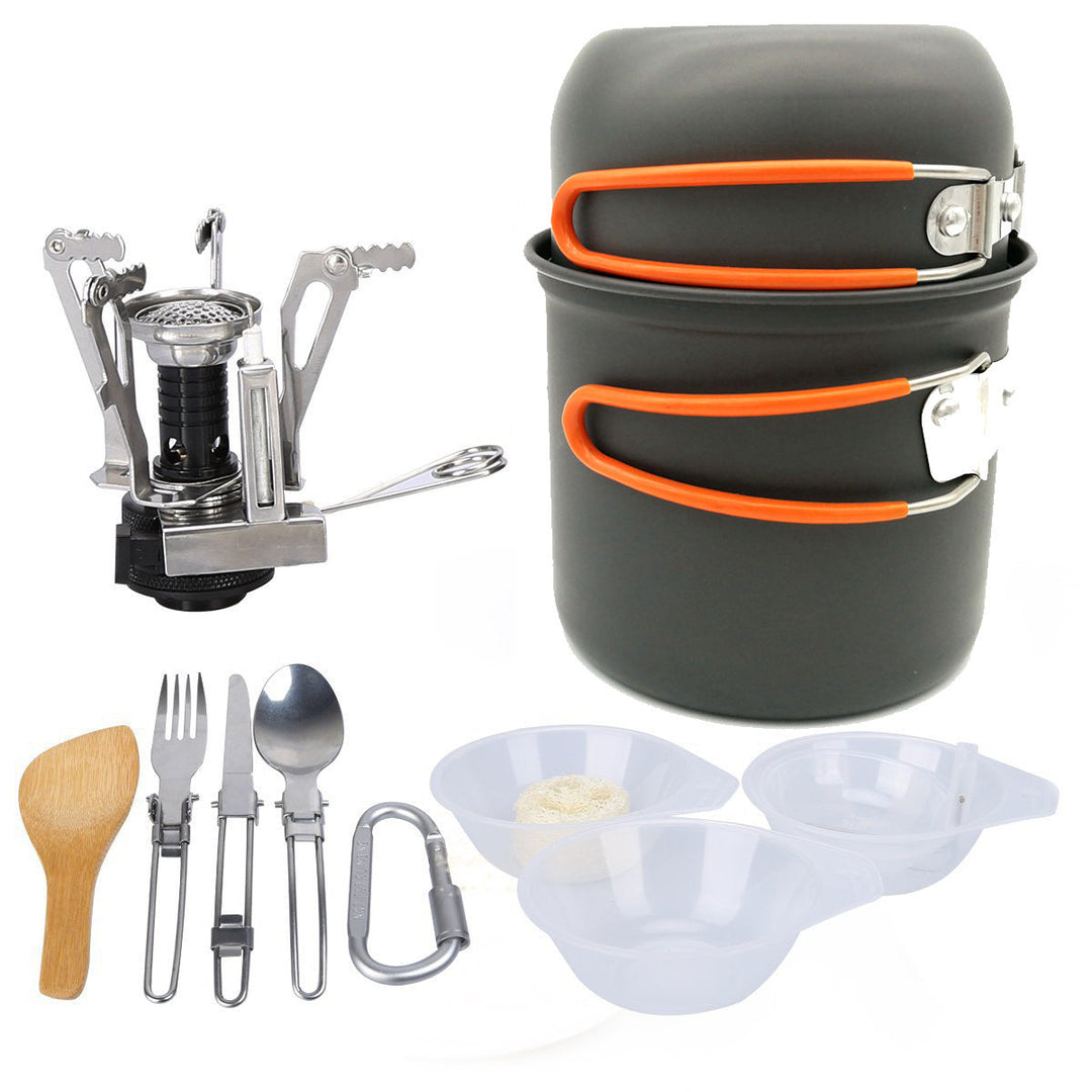 compact lightweight camping cookware and backpacking cook set with folding stove and nesting non-stick pots Stornfield