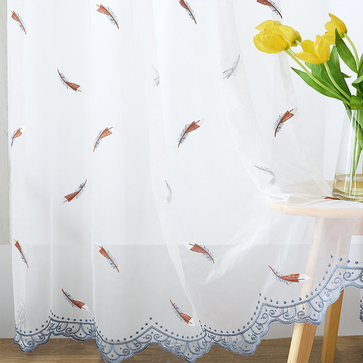Transparent Voile Curtain with Fine Feather Embroidery and Wavy Lace Edge Stornfield