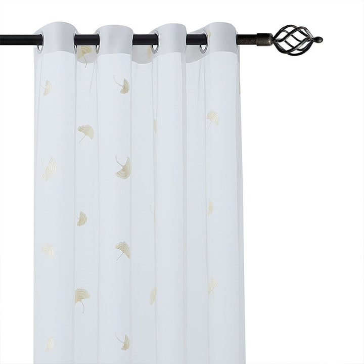 Transparent curtain drape made of fine tulle with embroidered ginkgo leaves and curved lace finish Stornfield