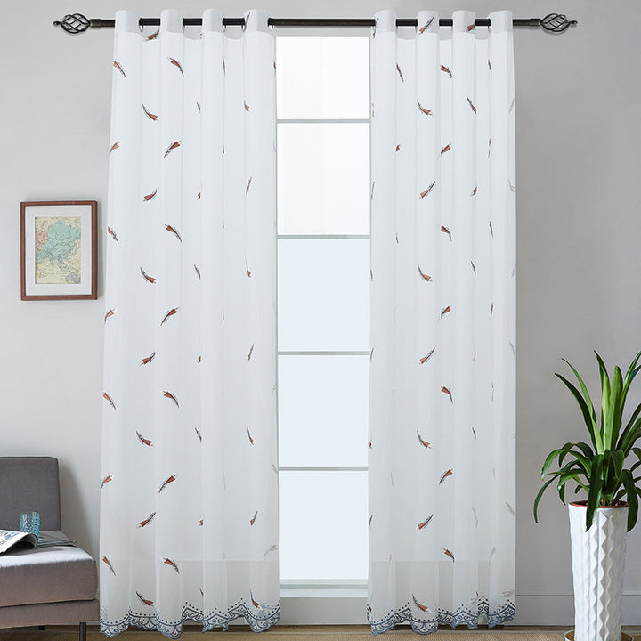 Transparent Voile Curtain with Fine Feather Embroidery and Wavy Lace Edge Stornfield