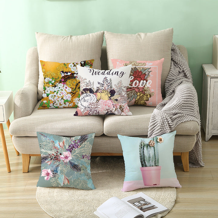 Decorative Square Throw Pillow Cover with Printed Potted Succulent Illustration and Hidden Zipper