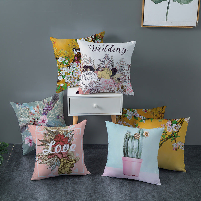 Decorative Square Throw Pillow Cover with Printed Potted Succulent Illustration and Hidden Zipper