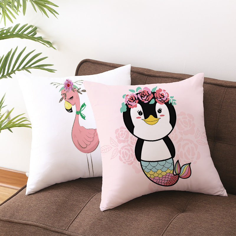 Square Decorative Pillow Cover with Mermaid Penguin Illustration and Concealed Zipper