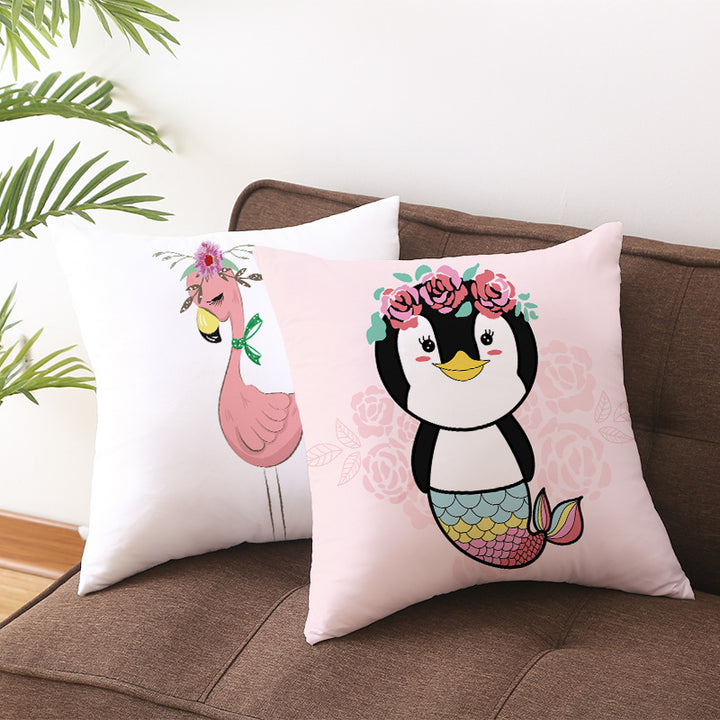 Square Decorative Pillow Cover with Mermaid Penguin Illustration and Concealed Zipper