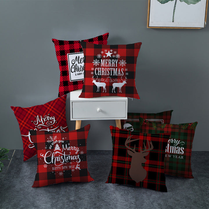 Plaid Cotton-Linen Square Throw Pillow Cover with 'Santa's Wish List' Typography and Concealed Zipper