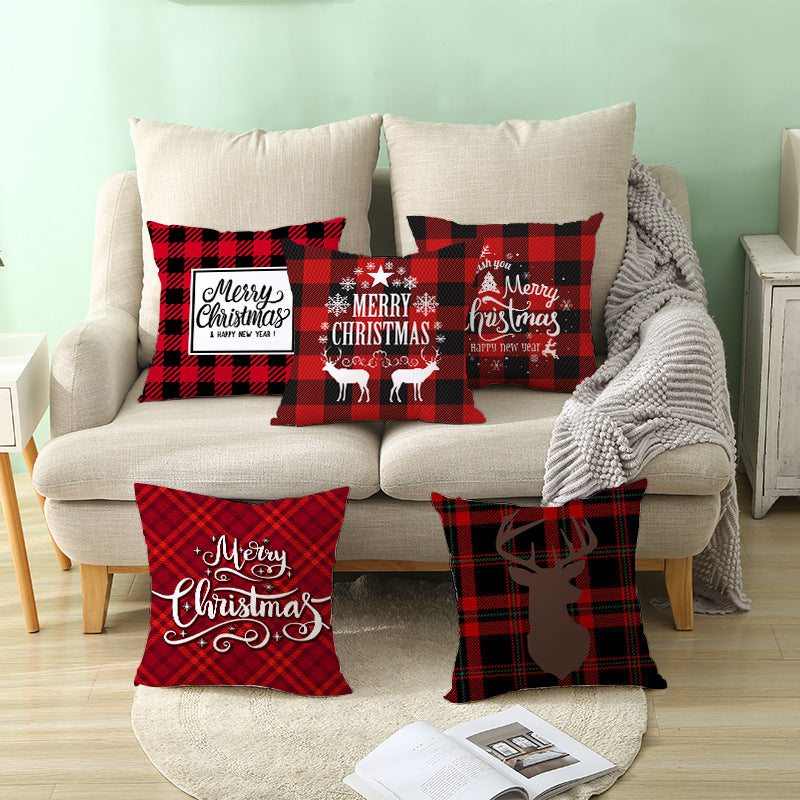 Plaid Cotton-Linen Square Throw Pillow Cover with 'Santa's Wish List' Typography and Concealed Zipper