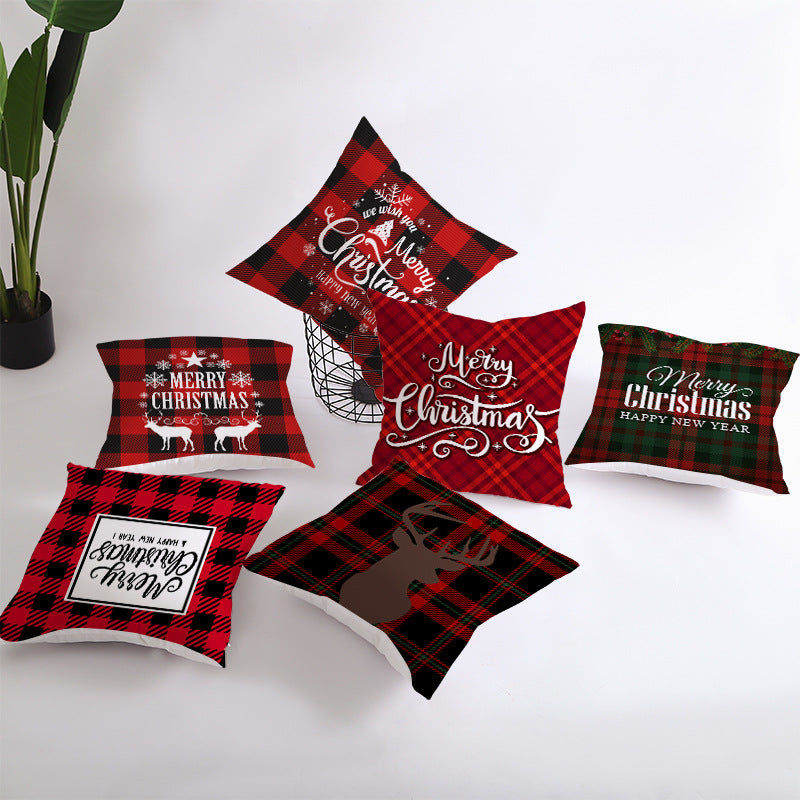 Plaid Cotton-Linen Square Throw Pillow Cover with 'Santa's Wish List' Typography and Concealed Zipper