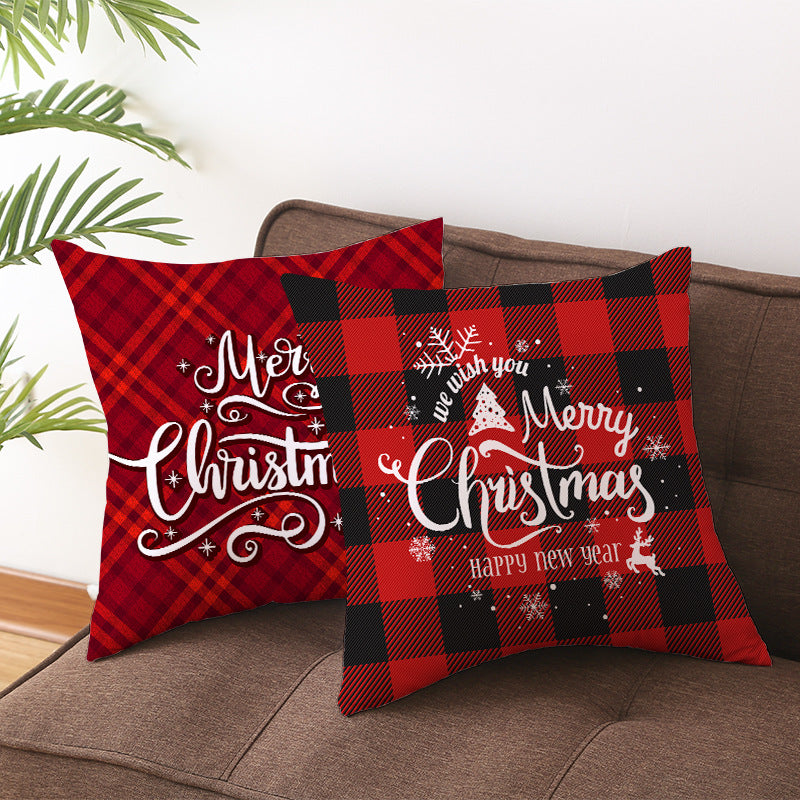 Plaid Cotton-Linen Square Throw Pillow Cover with 'Santa's Wish List' Typography and Concealed Zipper