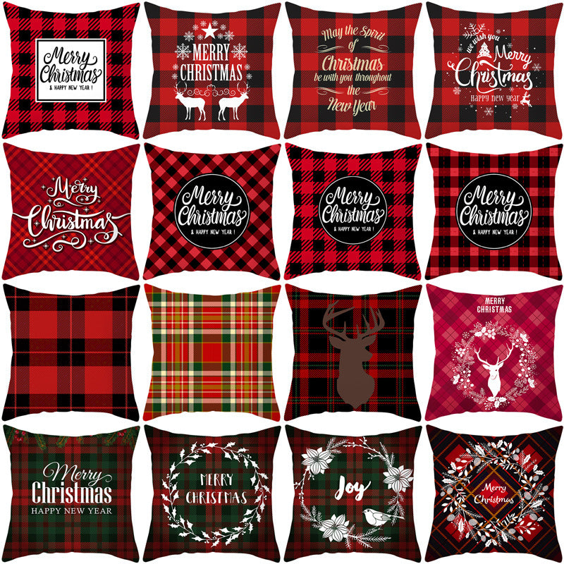 Plaid Cotton-Linen Square Throw Pillow Cover with 'Santa's Wish List' Typography and Concealed Zipper