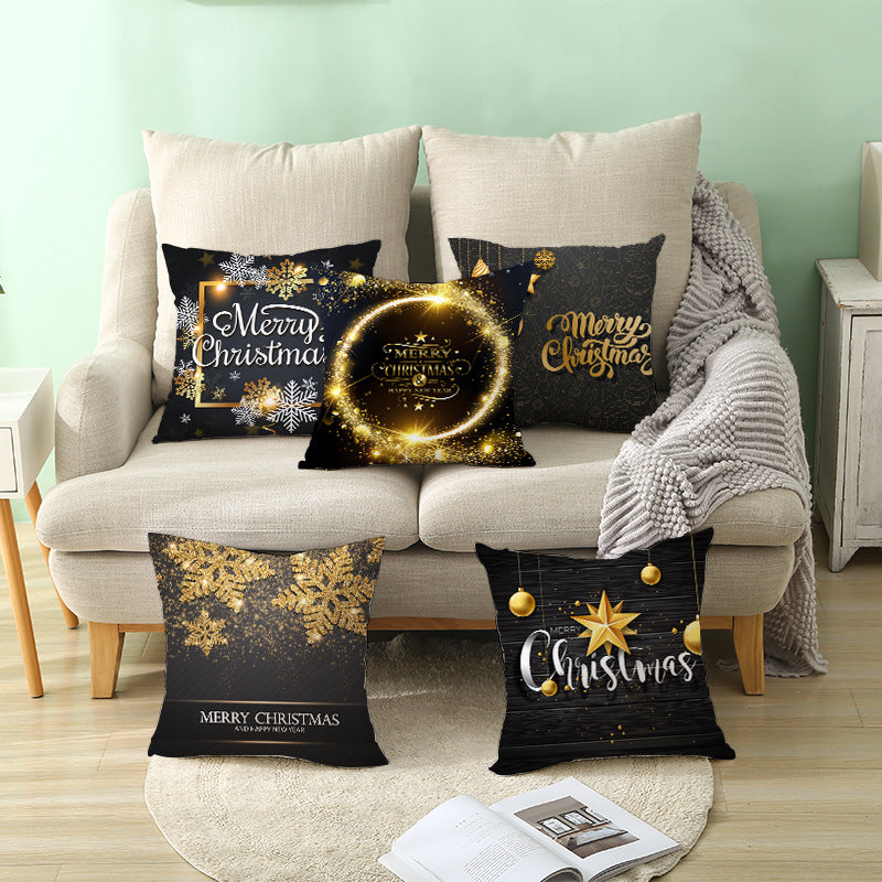 Square Holiday Throw Pillow Cover with Gold Snowflake Metallic Script Print and Concealed Zipper