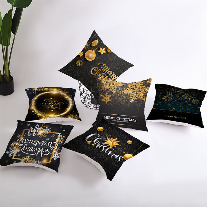 Square Holiday Throw Pillow Cover with Gold Snowflake Metallic Script Print and Concealed Zipper