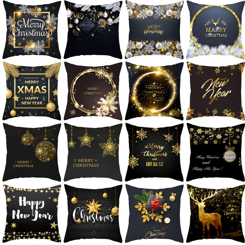Square Holiday Throw Pillow Cover with Gold Snowflake Metallic Script Print and Concealed Zipper