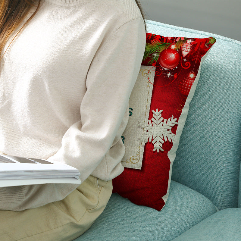 Square Holiday Polyester-Linen Cushion Cover with Snowflake-Tree Print, Satin Ribbon Bow Accent and Concealed Zipper