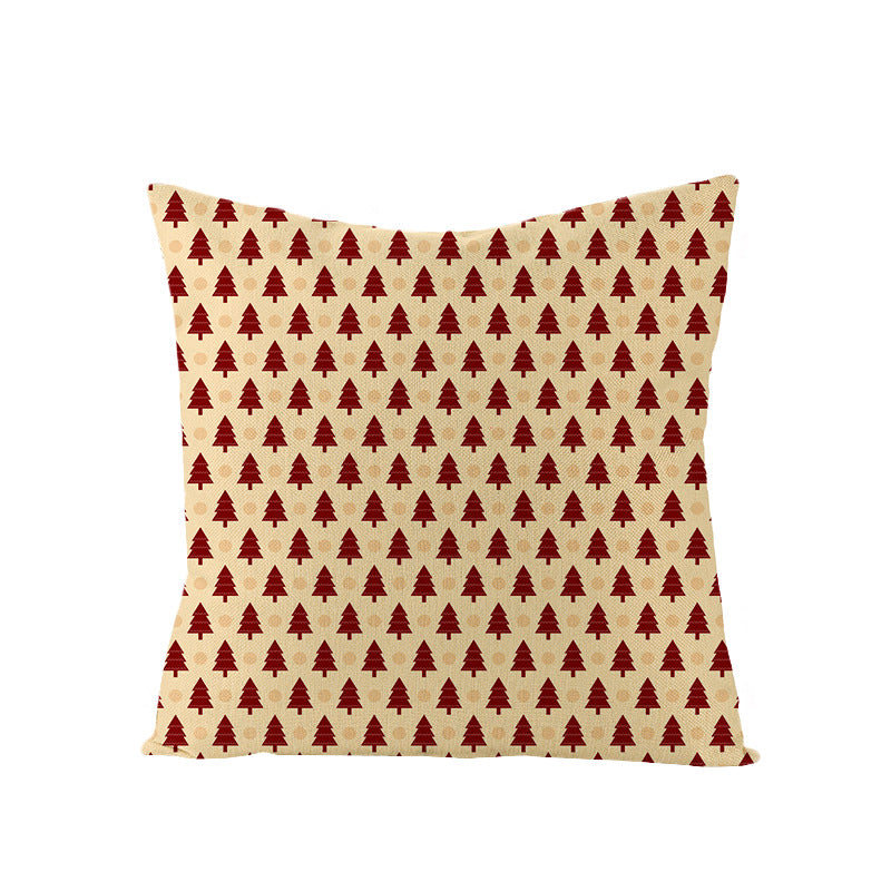 Square Holiday Polyester-Linen Cushion Cover with Snowflake-Tree Print, Satin Ribbon Bow Accent and Concealed Zipper