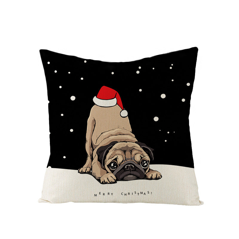 Festive Decorative Linen Throw Pillow Cover with Christmas Pug Illustration