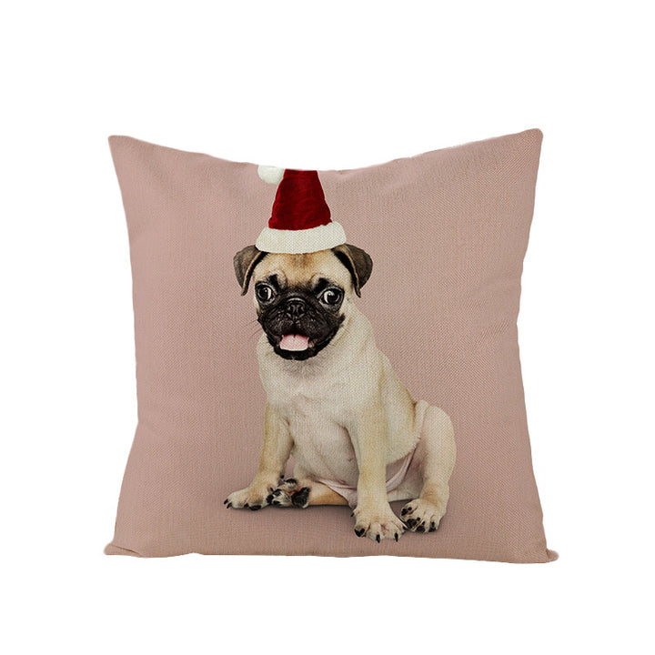 Festive Decorative Linen Throw Pillow Cover with Christmas Pug Illustration