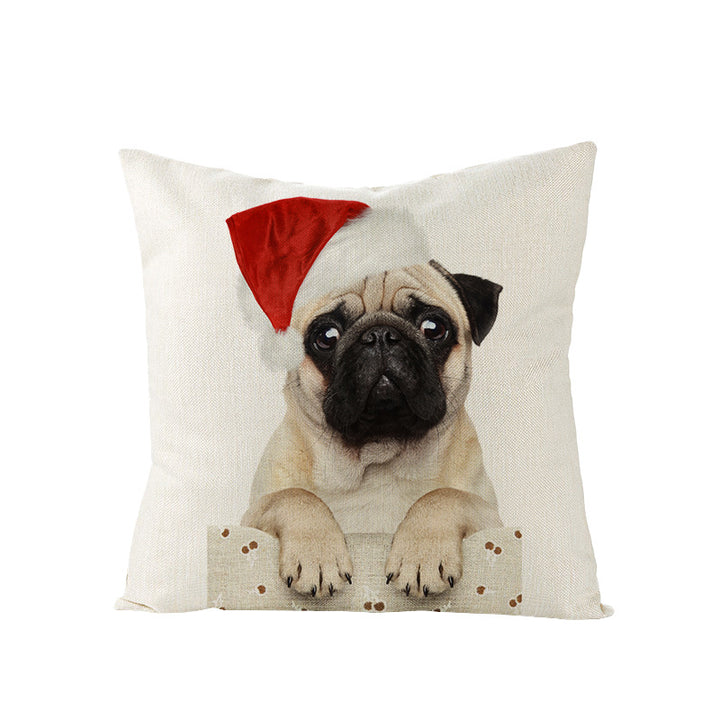 Festive Decorative Linen Throw Pillow Cover with Christmas Pug Illustration