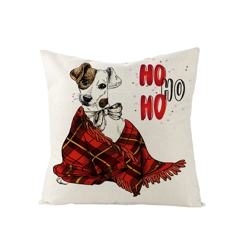 Festive Decorative Linen Throw Pillow Cover with Christmas Pug Illustration