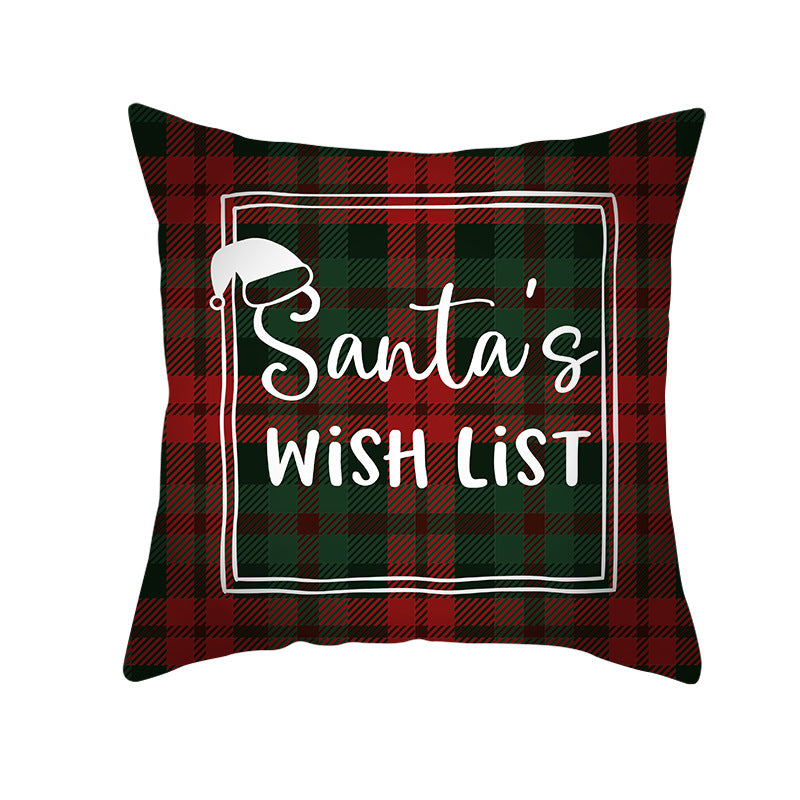 Plaid Cotton-Linen Square Throw Pillow Cover with 'Santa's Wish List' Typography and Concealed Zipper