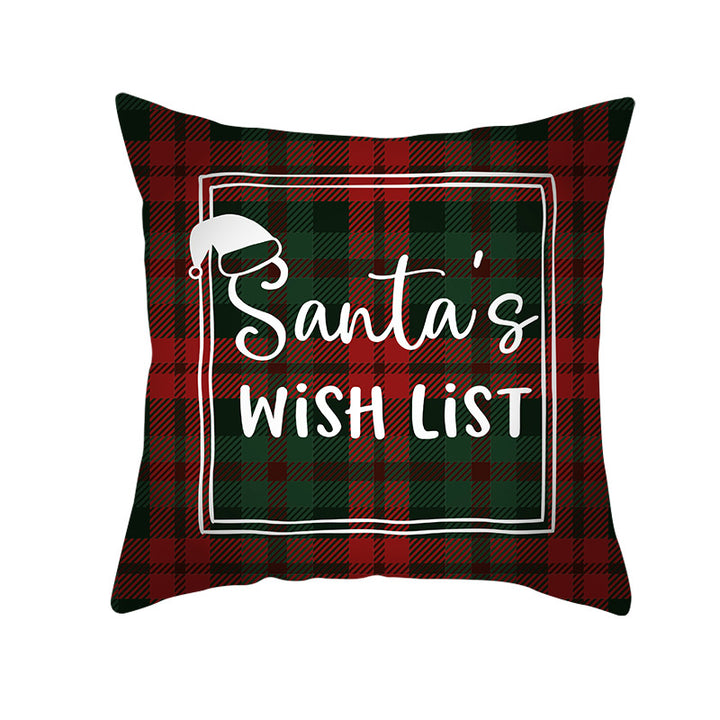 Plaid Cotton-Linen Square Throw Pillow Cover with 'Santa's Wish List' Typography and Concealed Zipper