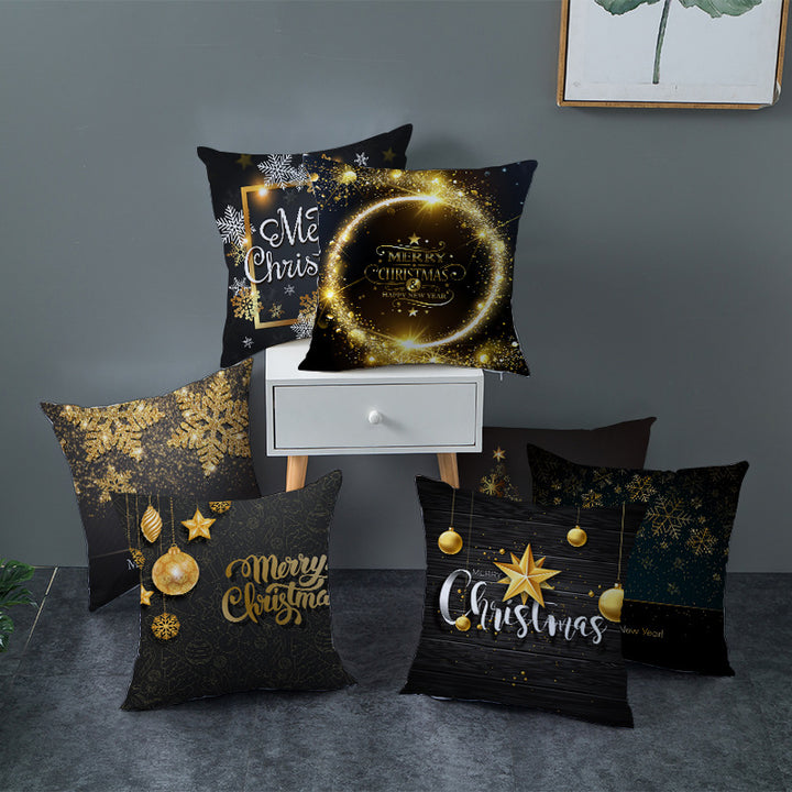 Square Holiday Throw Pillow Cover with Gold Snowflake Metallic Script Print and Concealed Zipper