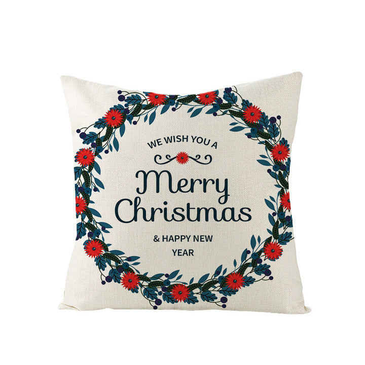 Square Holiday Polyester-Linen Cushion Cover with Snowflake-Tree Print, Satin Ribbon Bow Accent and Concealed Zipper
