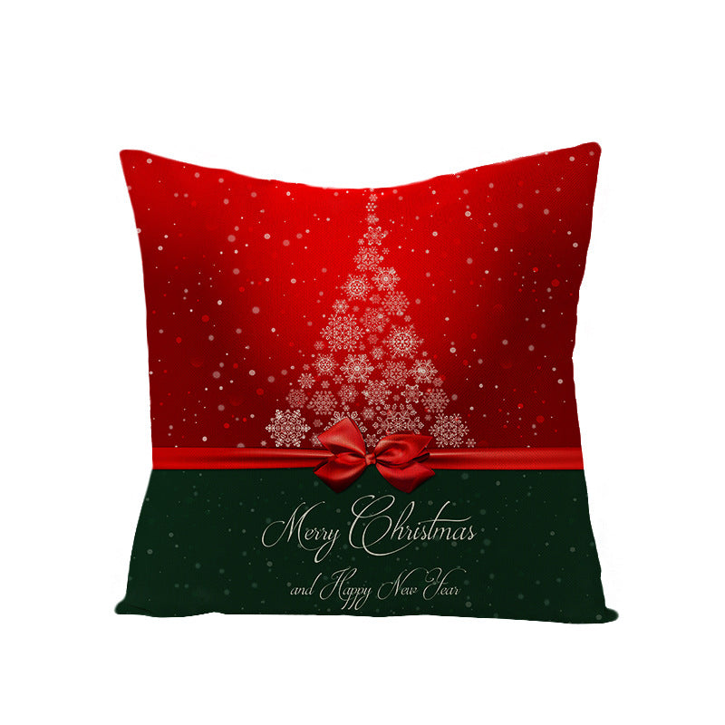 Square Holiday Polyester-Linen Cushion Cover with Snowflake-Tree Print, Satin Ribbon Bow Accent and Concealed Zipper