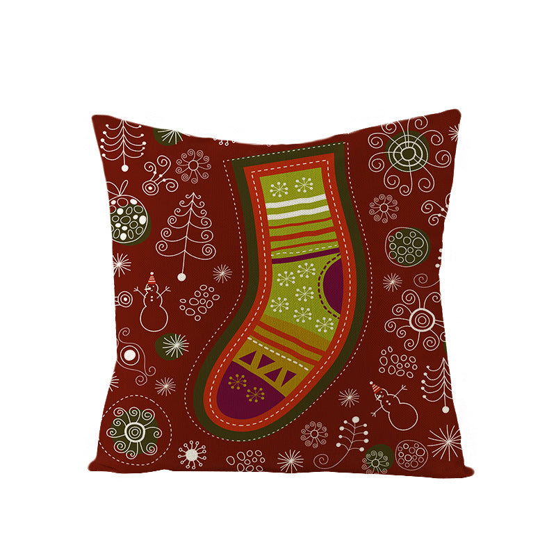 Square Holiday Polyester-Linen Cushion Cover with Snowflake-Tree Print, Satin Ribbon Bow Accent and Concealed Zipper