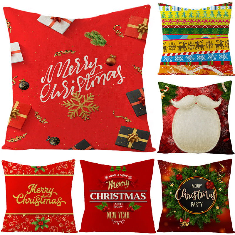 Square Holiday Polyester-Linen Cushion Cover with Snowflake-Tree Print, Satin Ribbon Bow Accent and Concealed Zipper
