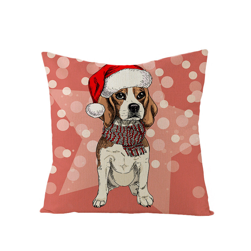 Festive Decorative Linen Throw Pillow Cover with Christmas Pug Illustration