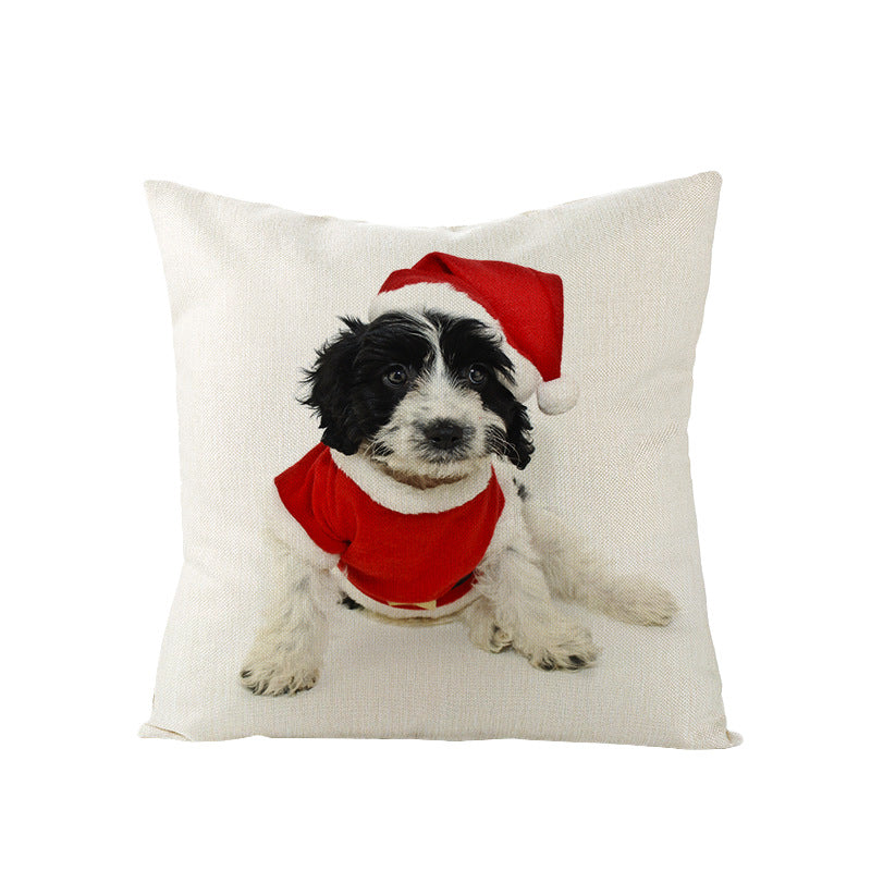 Festive Decorative Linen Throw Pillow Cover with Christmas Pug Illustration