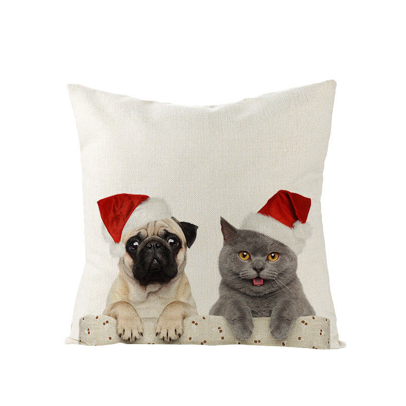 Festive Decorative Linen Throw Pillow Cover with Christmas Pug Illustration