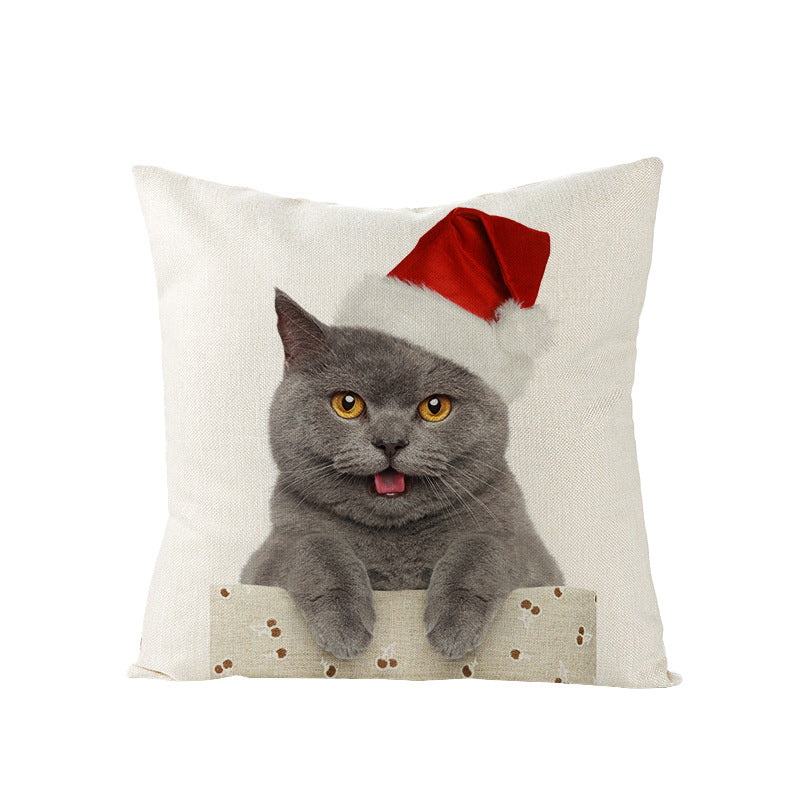Festive Decorative Linen Throw Pillow Cover with Christmas Pug Illustration