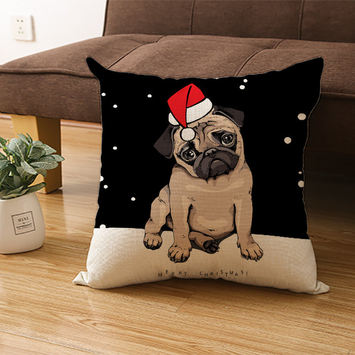Festive Decorative Linen Throw Pillow Cover with Christmas Pug Illustration