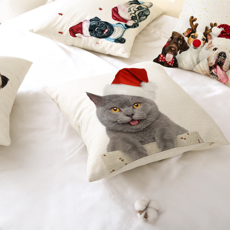 Festive Decorative Linen Throw Pillow Cover with Christmas Pug Illustration