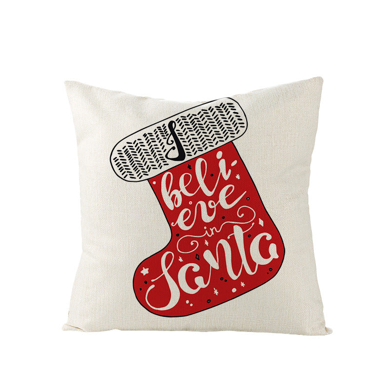 Square Holiday Polyester-Linen Cushion Cover with Snowflake-Tree Print, Satin Ribbon Bow Accent and Concealed Zipper