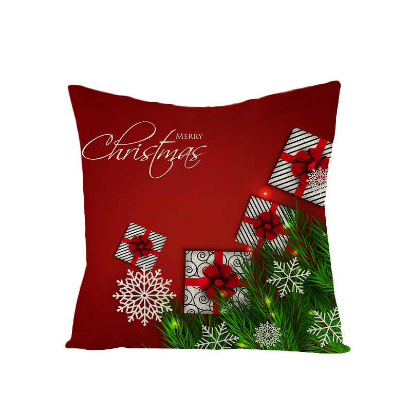 Square Holiday Polyester-Linen Cushion Cover with Snowflake-Tree Print, Satin Ribbon Bow Accent and Concealed Zipper