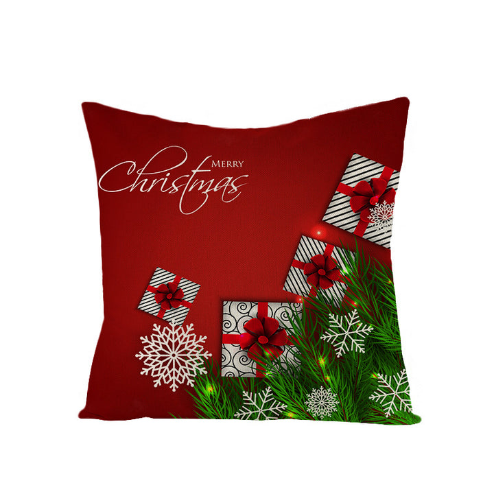 Square Holiday Polyester-Linen Cushion Cover with Snowflake-Tree Print, Satin Ribbon Bow Accent and Concealed Zipper