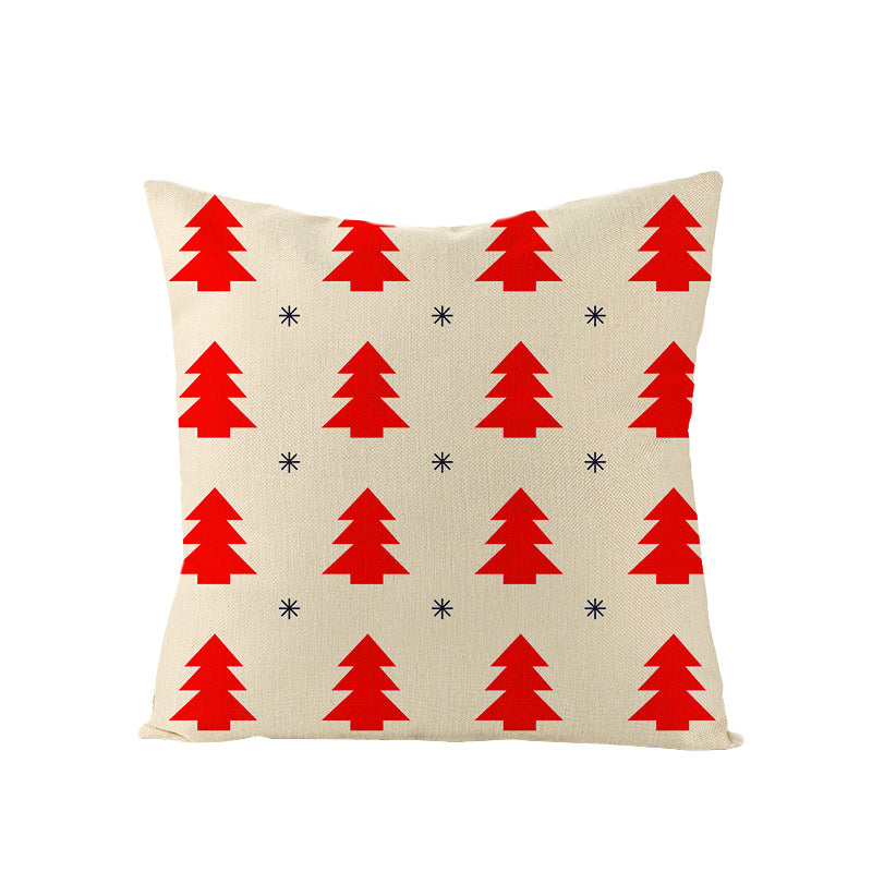 Square Holiday Polyester-Linen Cushion Cover with Snowflake-Tree Print, Satin Ribbon Bow Accent and Concealed Zipper