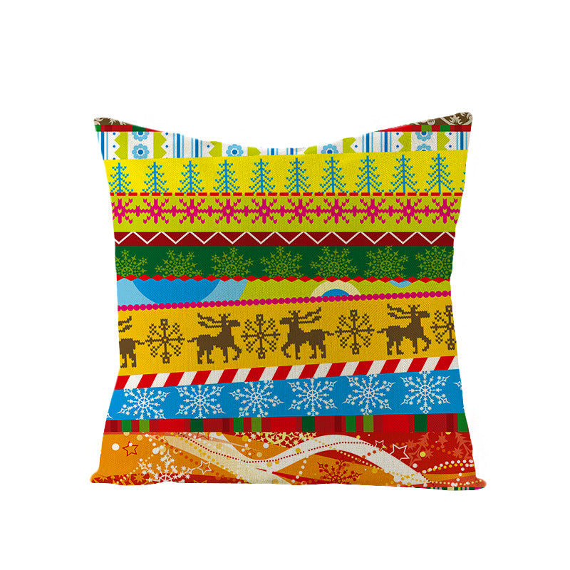 Square Holiday Polyester-Linen Cushion Cover with Snowflake-Tree Print, Satin Ribbon Bow Accent and Concealed Zipper