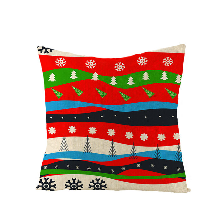 Square Holiday Polyester-Linen Cushion Cover with Snowflake-Tree Print, Satin Ribbon Bow Accent and Concealed Zipper
