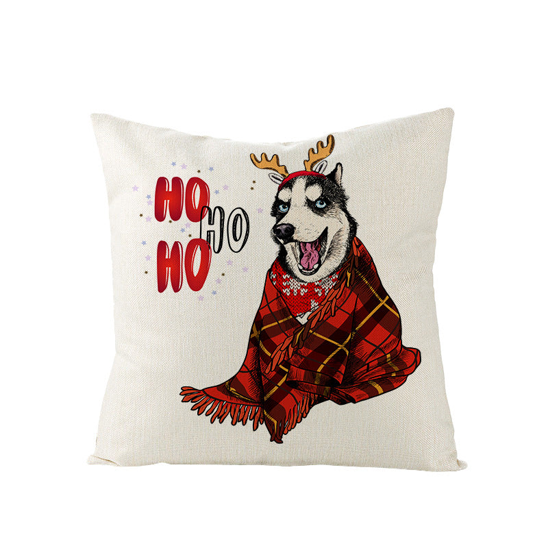 Festive Decorative Linen Throw Pillow Cover with Christmas Pug Illustration
