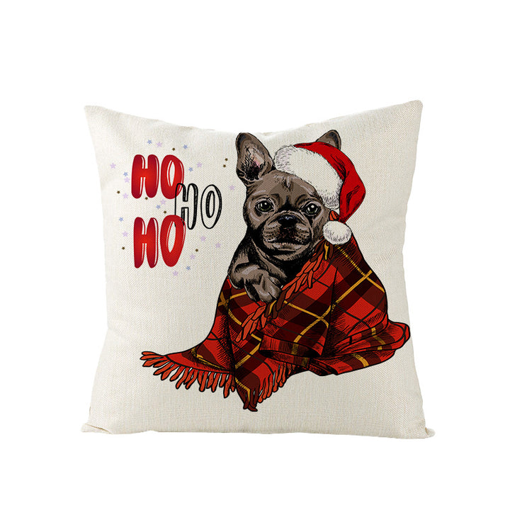 Festive Decorative Linen Throw Pillow Cover with Christmas Pug Illustration