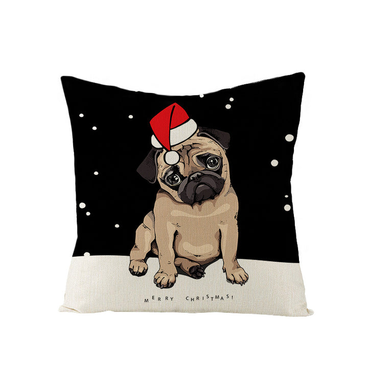 Festive Decorative Linen Throw Pillow Cover with Christmas Pug Illustration