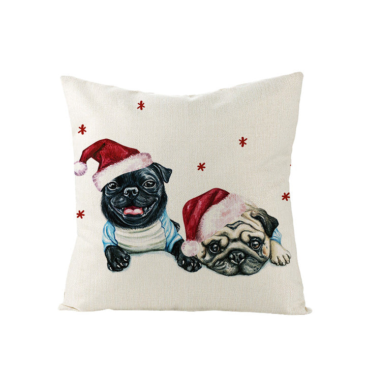 Festive Decorative Linen Throw Pillow Cover with Christmas Pug Illustration